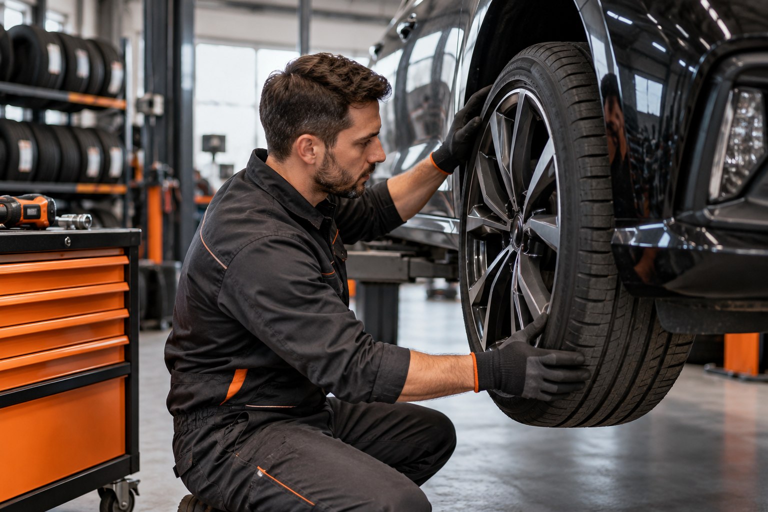 Tecnico che controlla una ruota dell’auto in officina