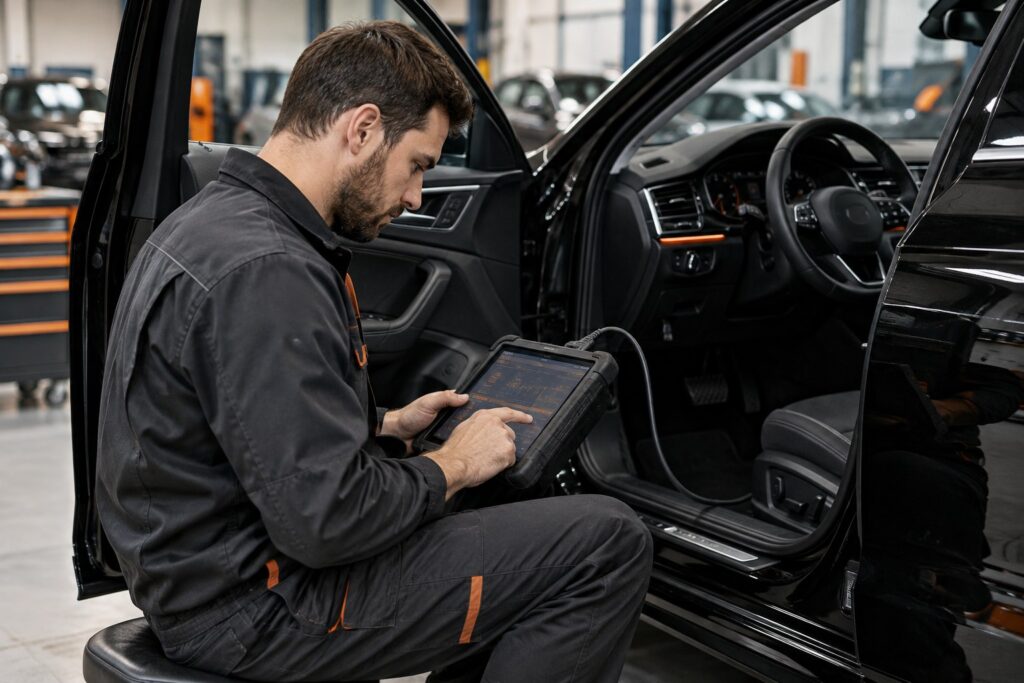Tecnico che utilizza un tablet diagnostico accanto all’abitacolo di un’auto