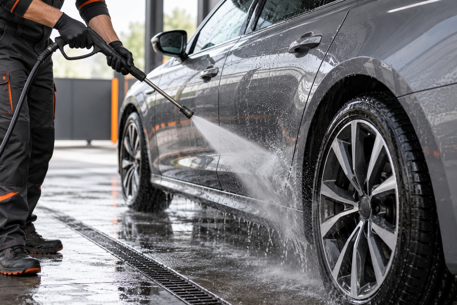 Operatore che lava la carrozzeria di un’auto con una lancia ad acqua
