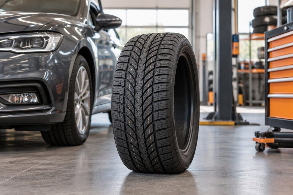 Pneumatico con battistrada lamellare davanti a un’auto in officina