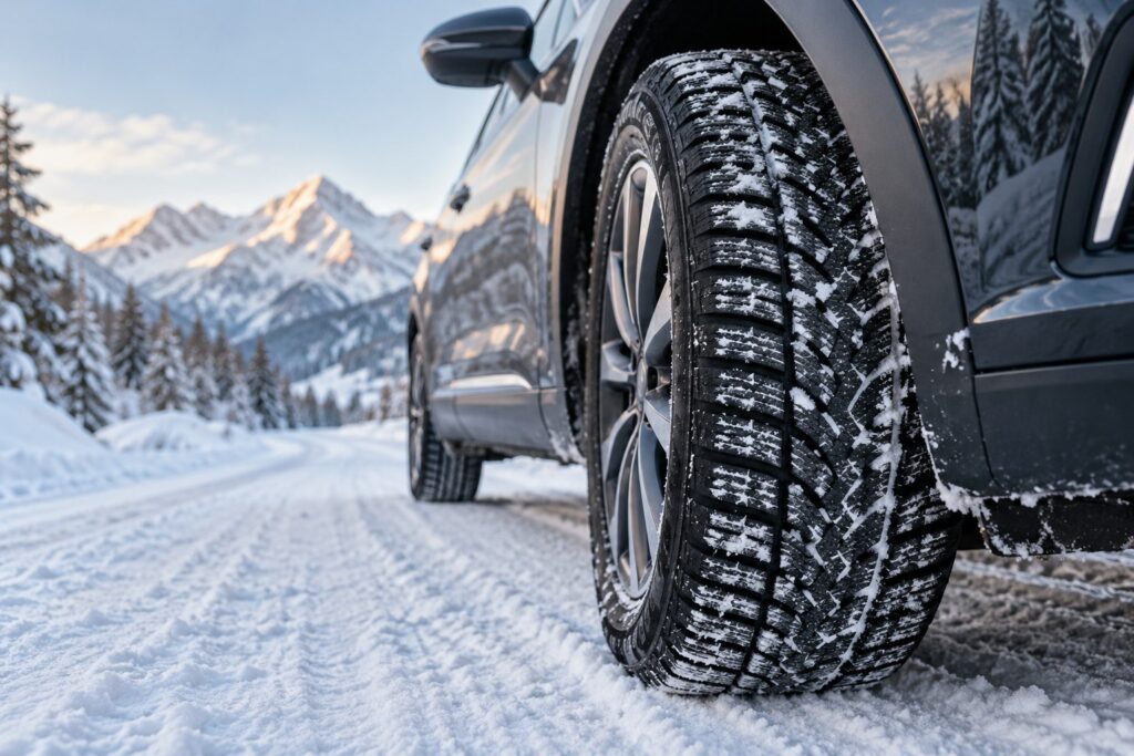 Pneumatico invernale montato su un’auto su una strada innevata